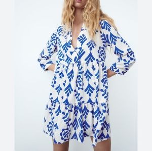 NEW Zara blue stems white tiered v neck mini dress M